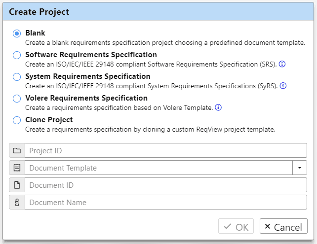 Create project dialog with teplate options: SRS, SyRS (ISO/IEC/IEEE 29148), Volere, Custom template