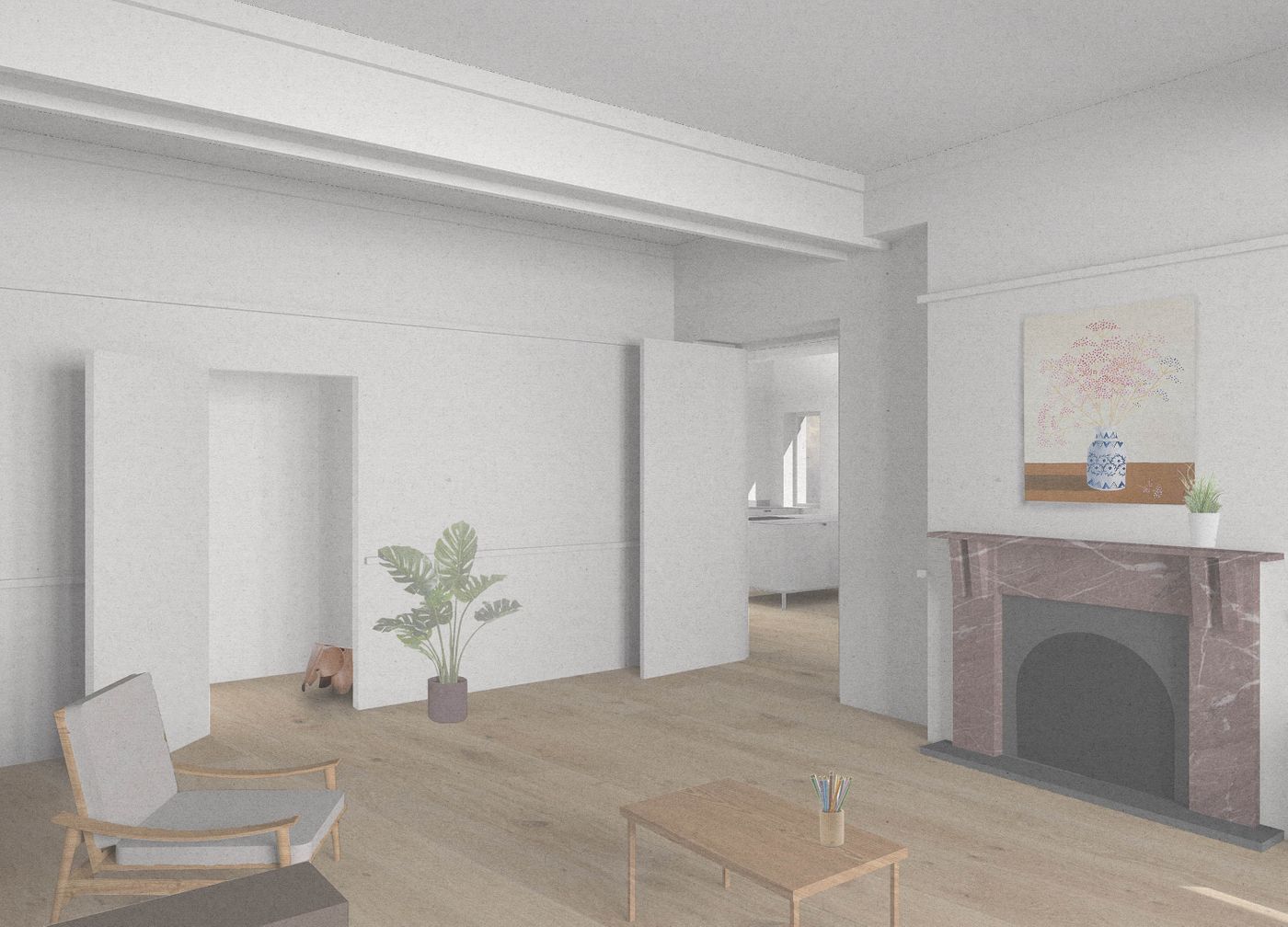 Proposed interior view of the new kitchen and dining space at Woodvale Road designed by From Works.