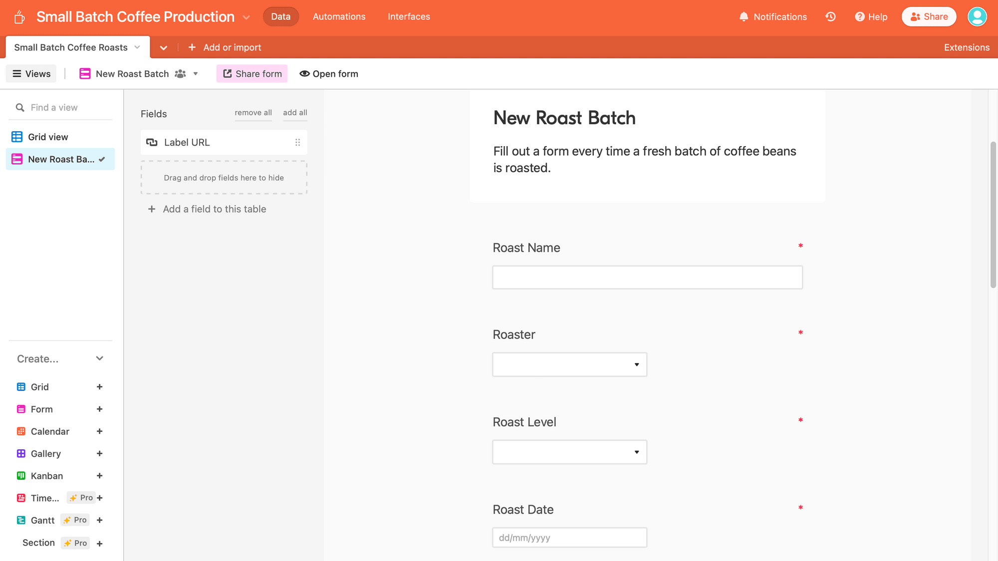 Screenshot of Airtable form view with added fields