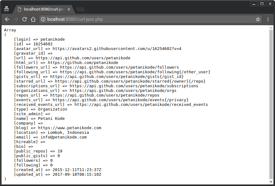 Contoh Hasil Eksekusi CURL ke Github