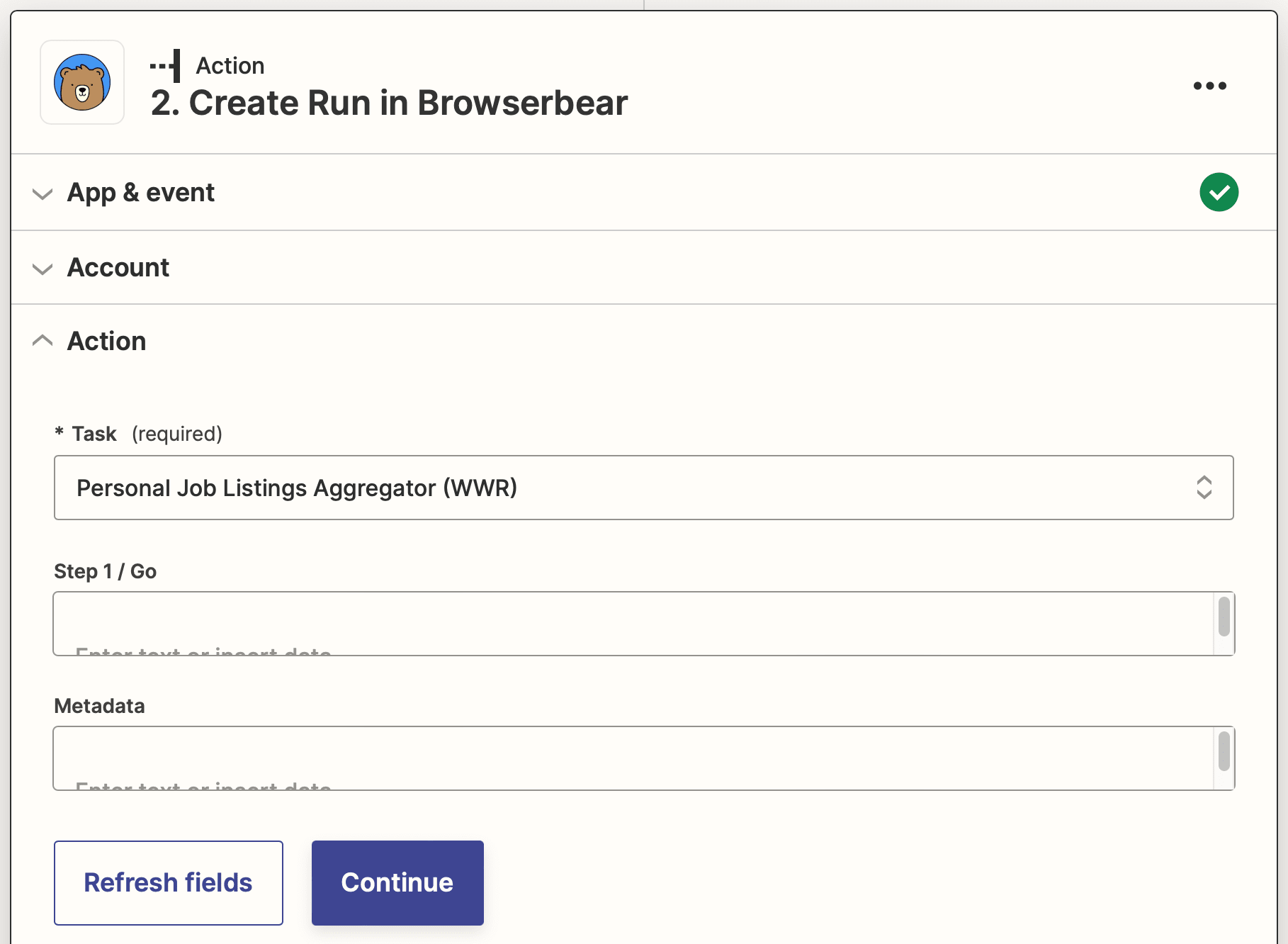 Screenshot of Zapier Browserbear create run action setup