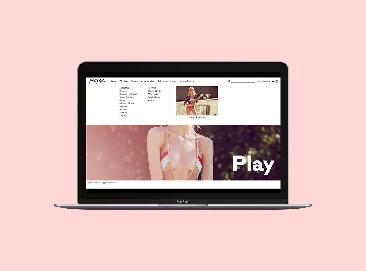 Nasty Gal site navigation with exposed dropdown on a laptop.