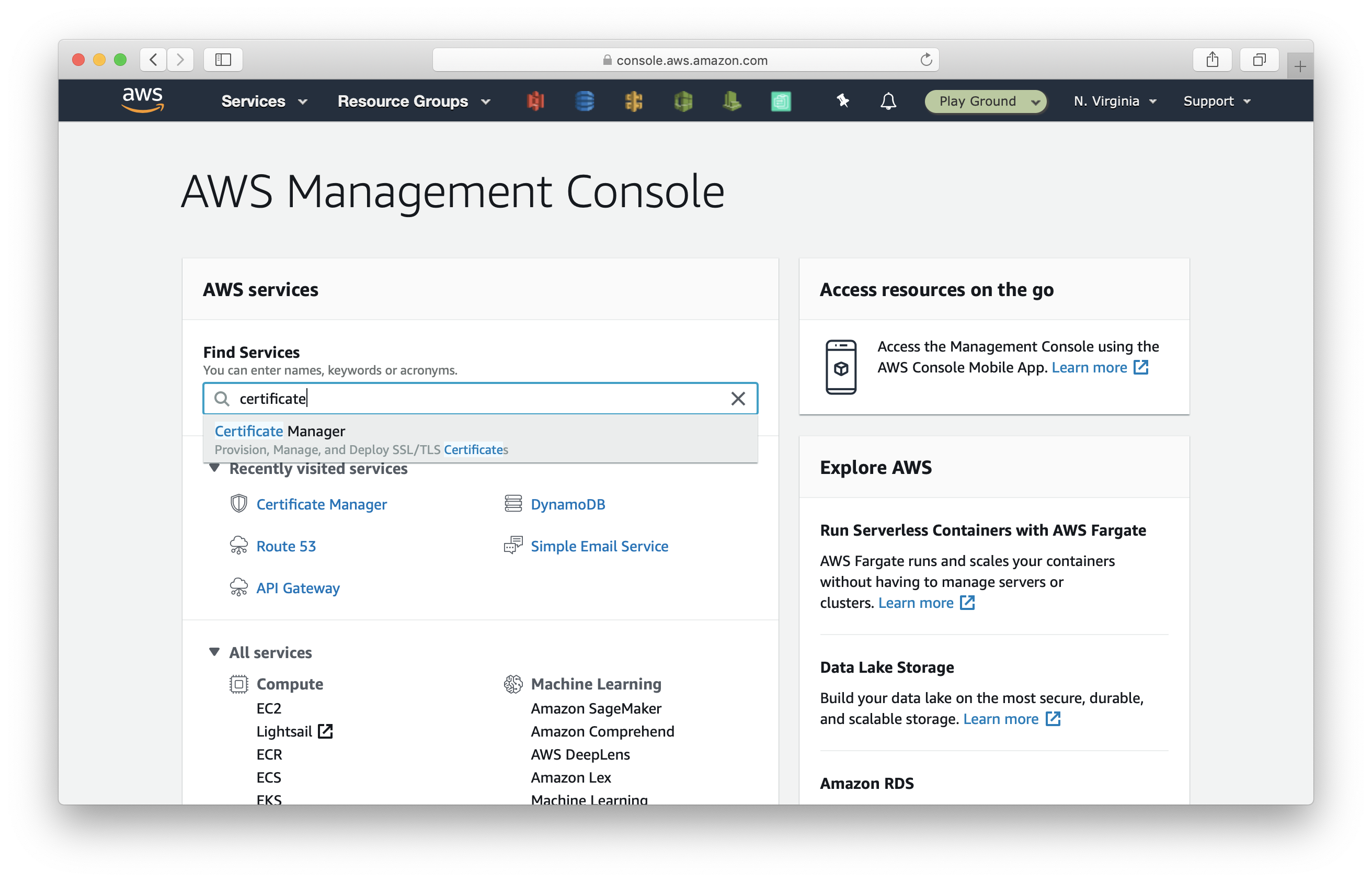 Select Certificate Manager in list of AWS services