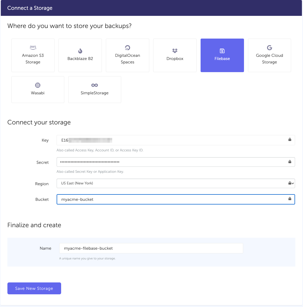 Filebase bucket connection form Connect Filebase bucket to SimpleBackups