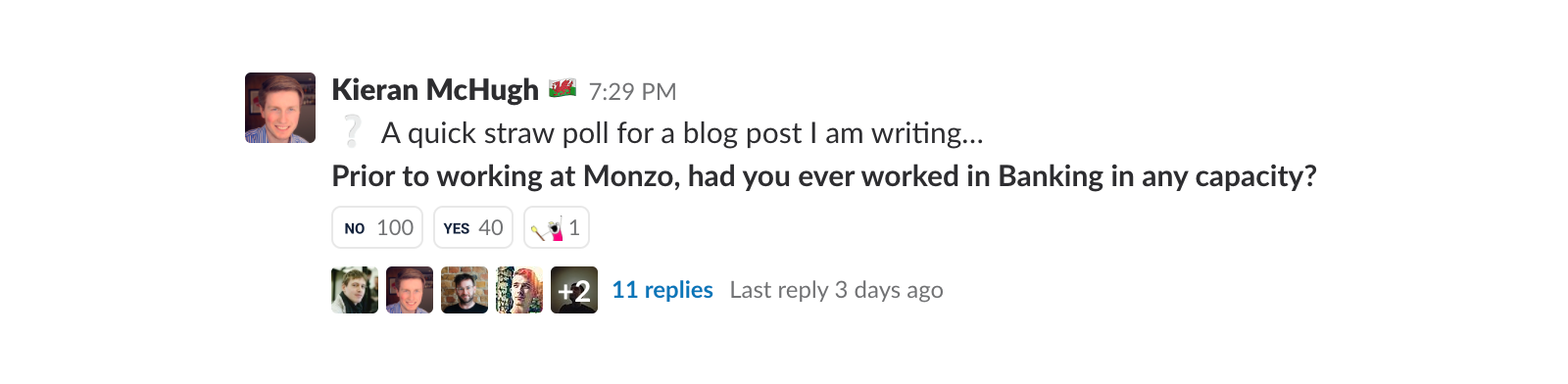 Image of a poll showing 100 Monzo employees had never worked in a bank before