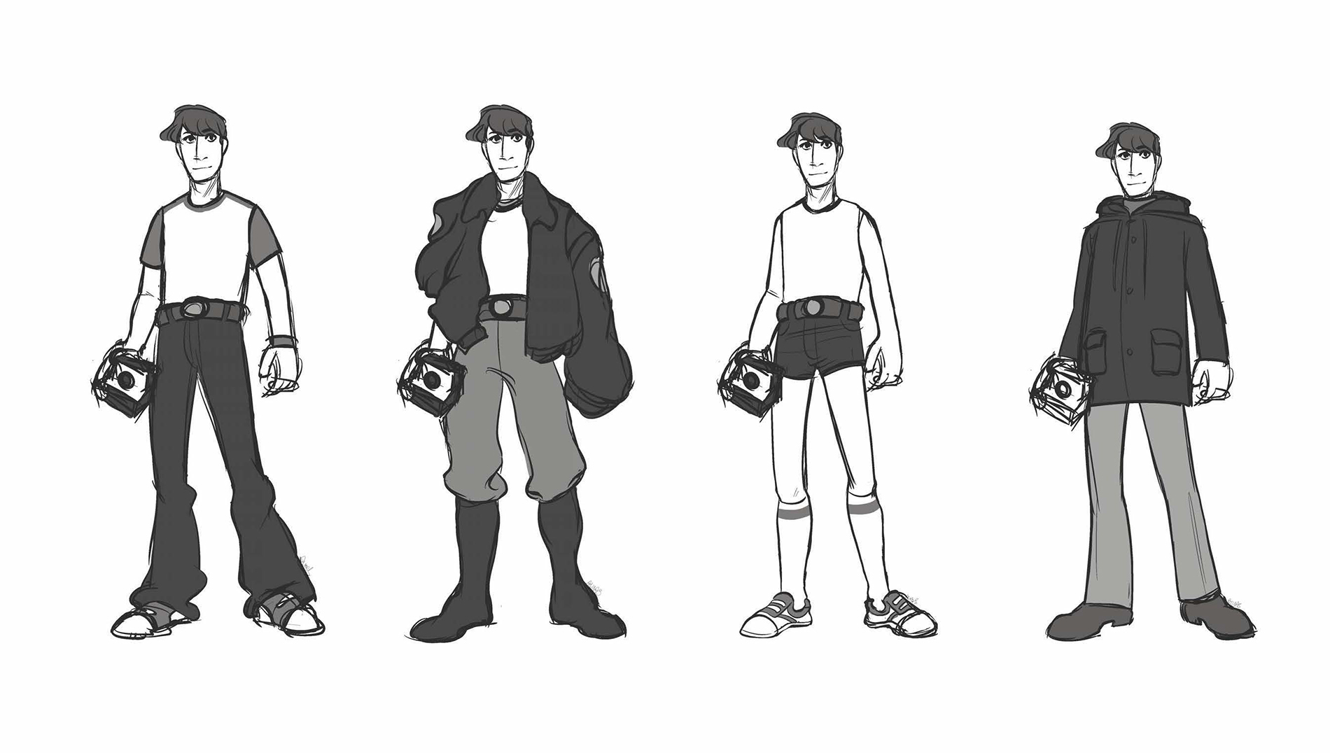 Four versions of Ivan's costumes and silhouettes, black and white concept art, Alina Sandu, Richmond, British Columbia, Canada
