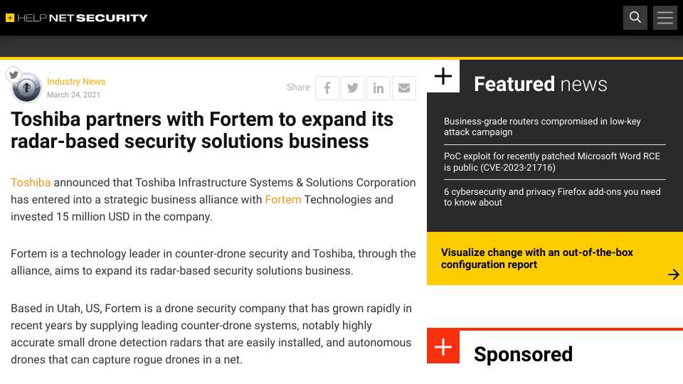 TOSHIBA MAKES $15 MILLION INVESTMENT IN ANTI-DRONE TECH