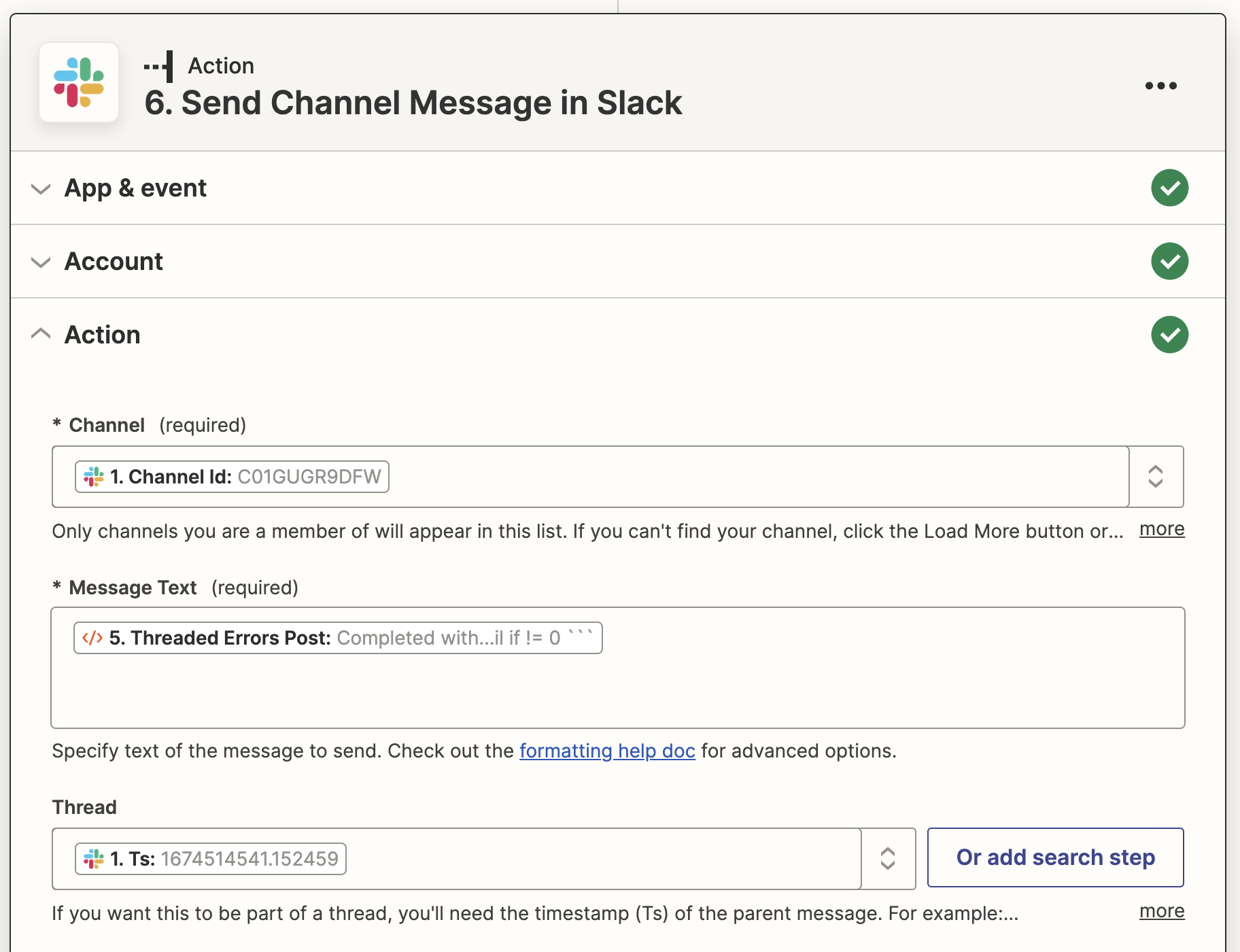 Screenshot of the Zapier UI, showing the mappings of prior steps to a Slack message