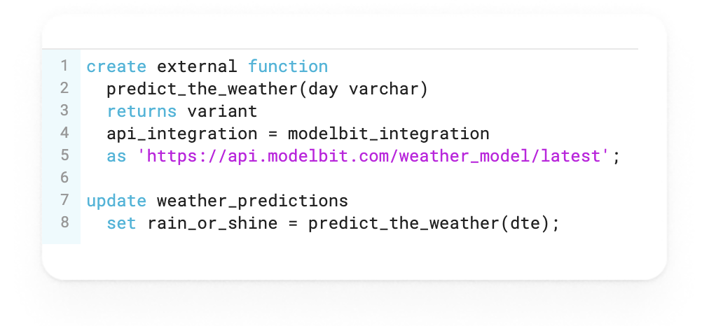 Screenshot of code snippet for modelbit api integration