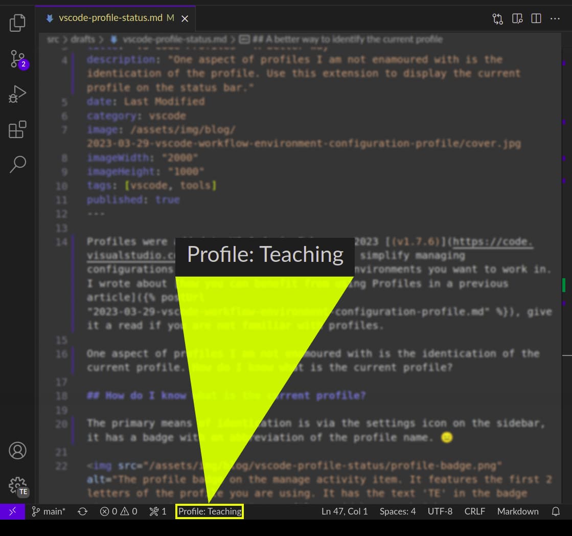 The status bar item provided by the Profile Status extension says 'Profile: Teaching'.