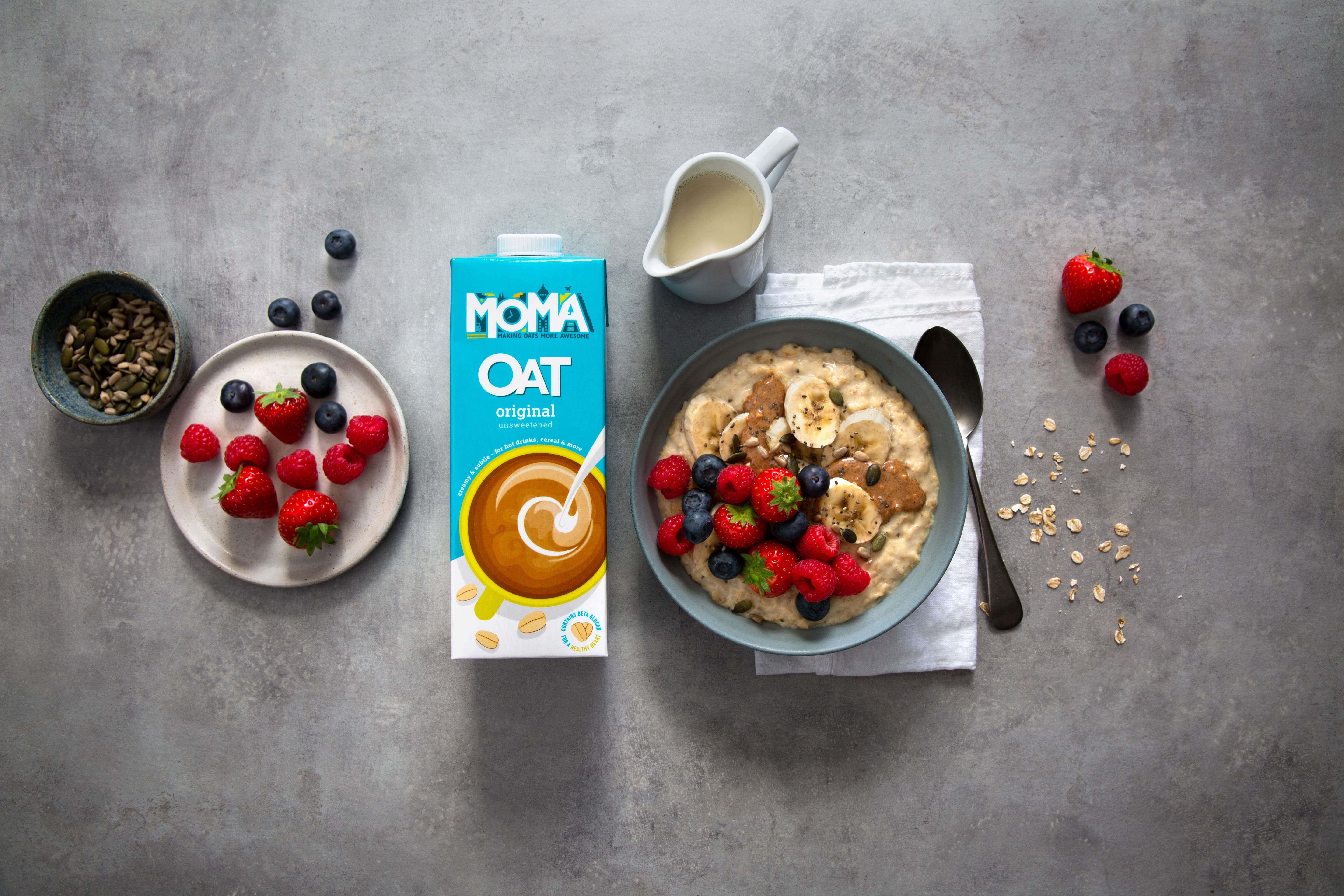 porridge, fruit, nuts with oat milk.