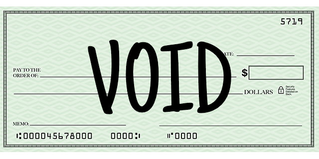 A check that has the word VOID written across it to prevent it from being a valid, cashable check