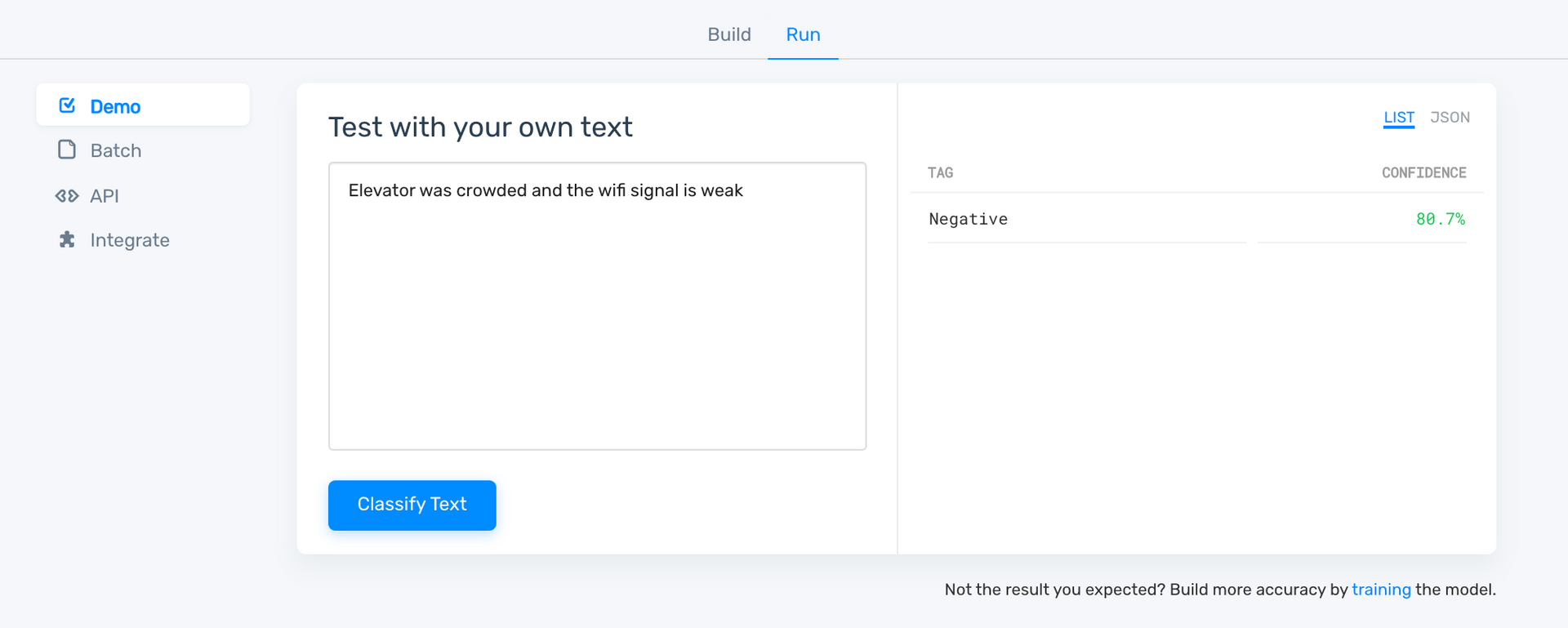 A user testing the classifier by entering text and clicking on classify text