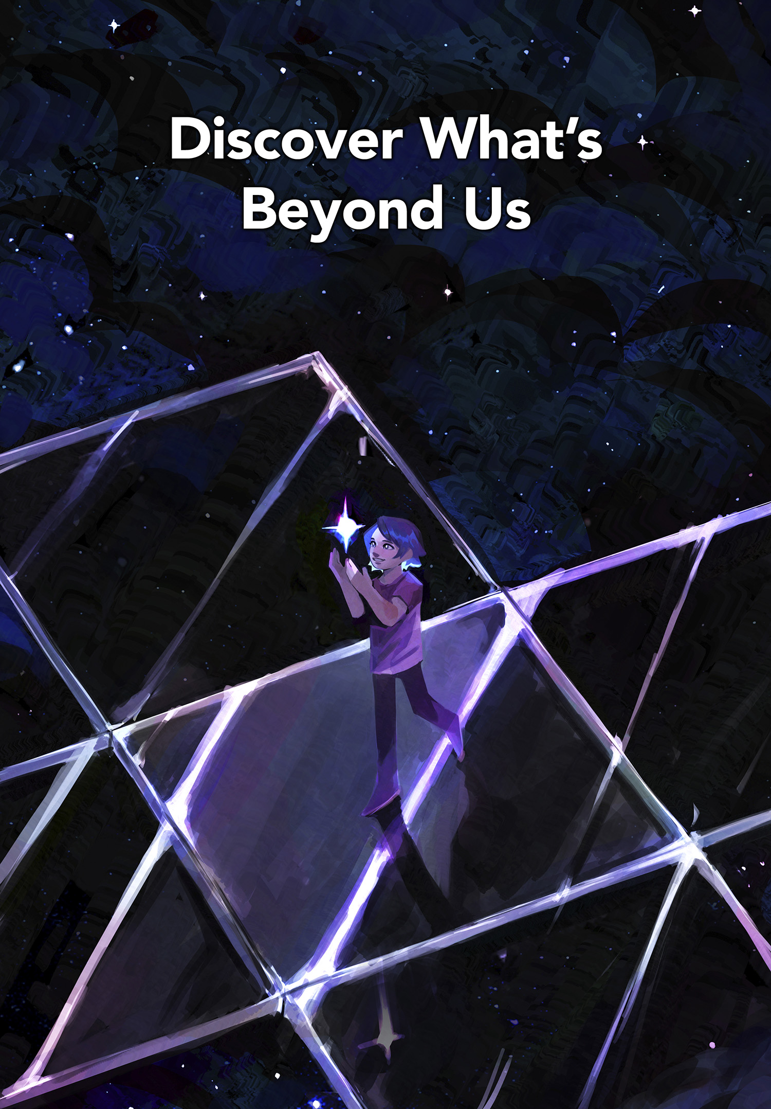 A girl on a opened glass cube holding a star.