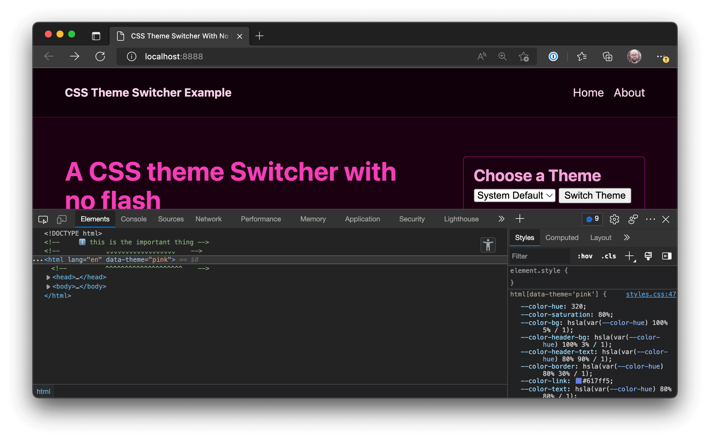 CSS theme switcher showing the pink theme