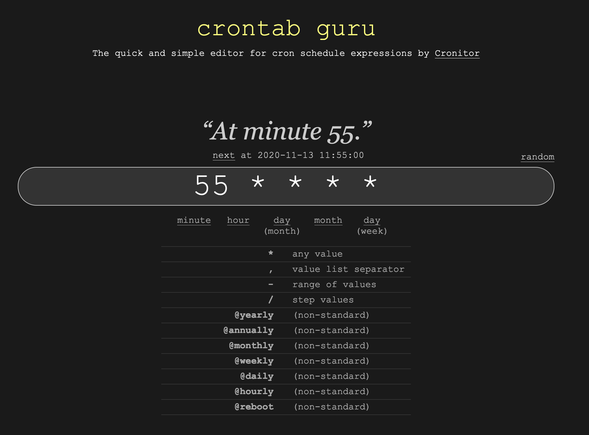 crontab.guru shows that  corresponds to “At minute 55.”