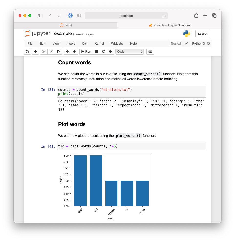 Second half of Jupyter notebook demonstrating an example workflow using the `pycounts` package.
