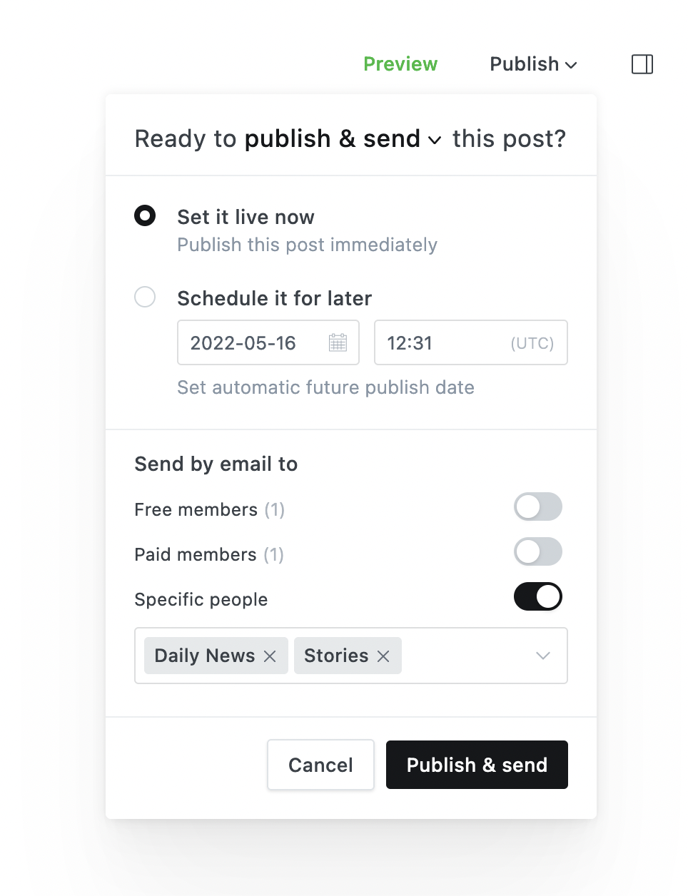 Ghost Post Publish Settings with Labels
