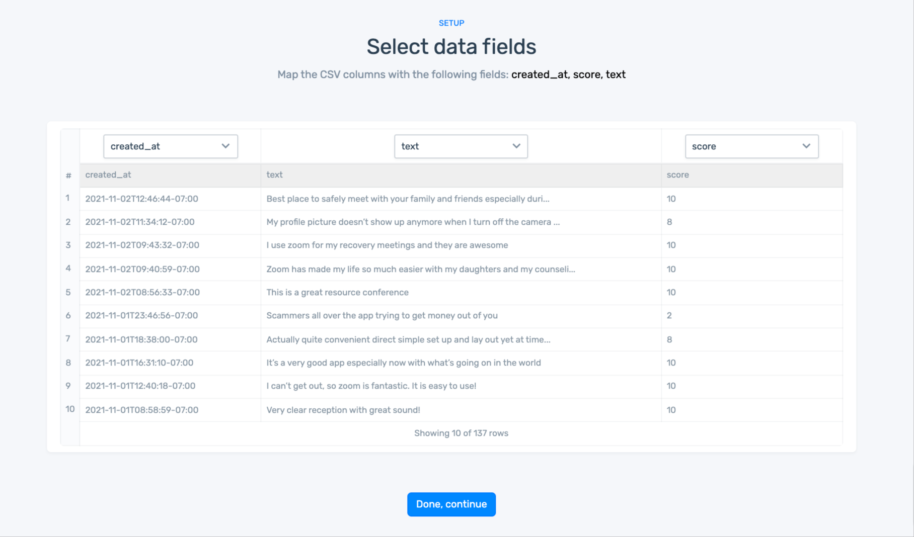 Select data fields, map the CSV columns with the following fields