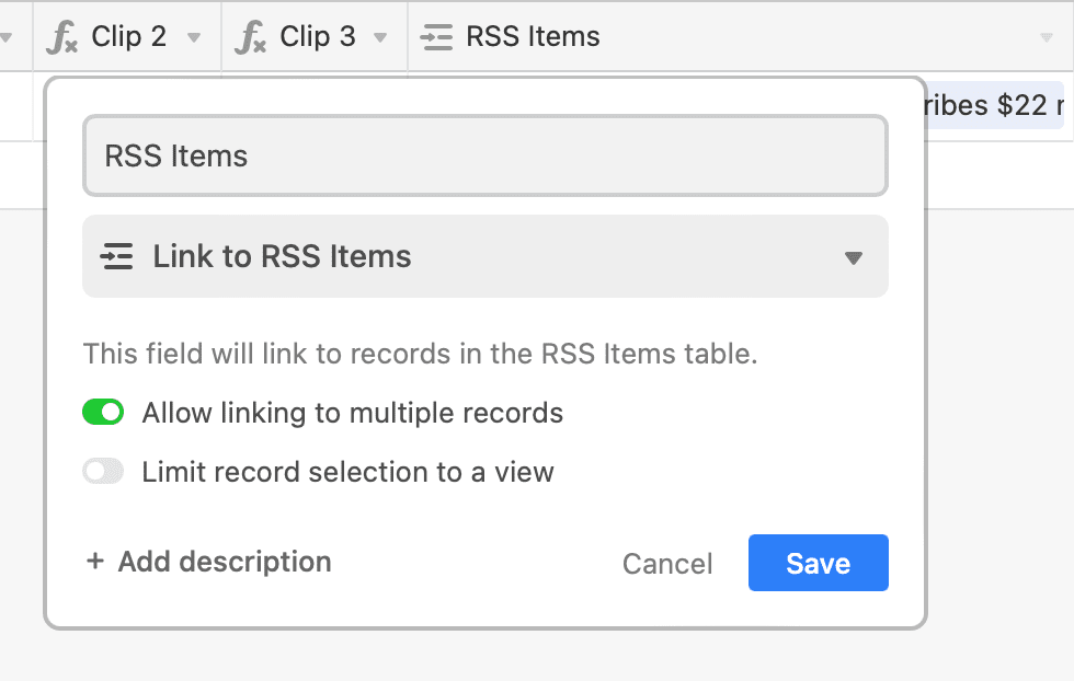 Screenshot of Airtable RSS Items linked field setup