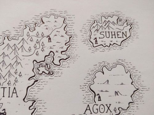 Zoom sur le nord est de la carte avec l'île de Suhen et le nord déssertique de Agox.