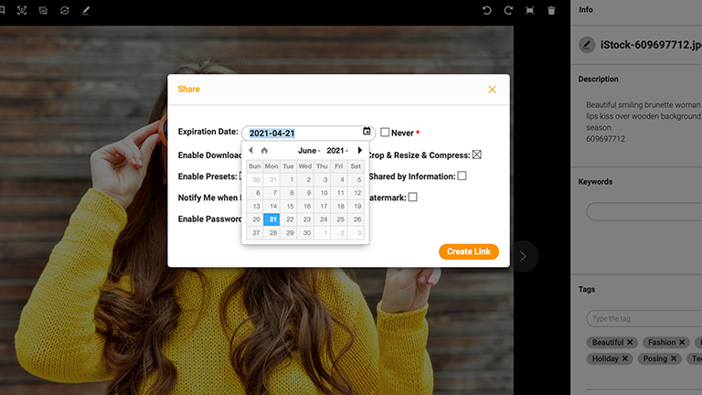 Screenshot of the detailed view of an asset in the Canto DAM; it shows the picture of a young woman in a yellow sweatshirt, overlaid by a dialog box offering options to set the expiration date for a share link.