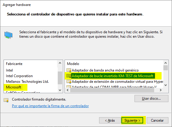 Seleccionamos el adaptador de bucle invertido de Windows