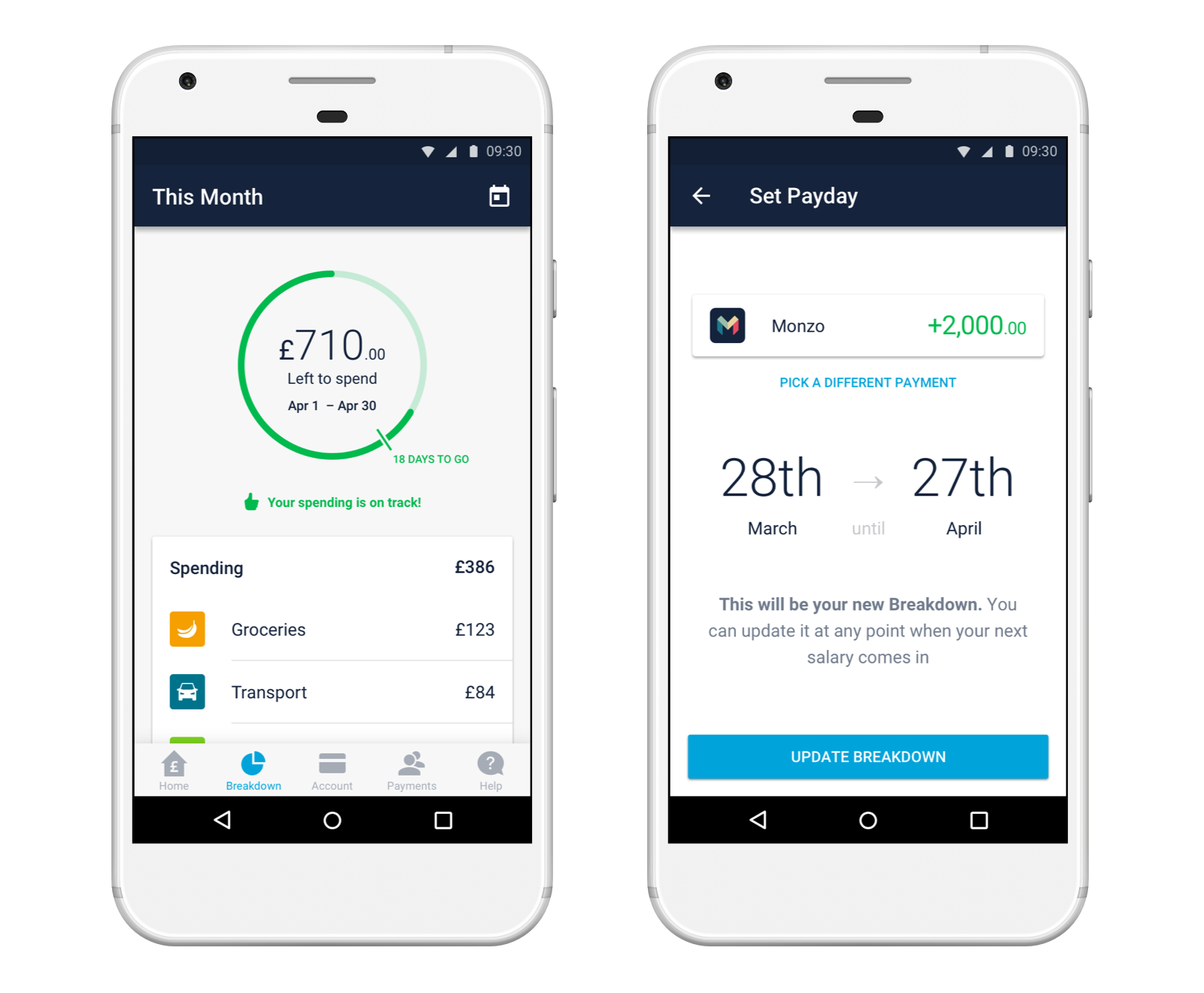 Screen showing new designs for the Spending tab