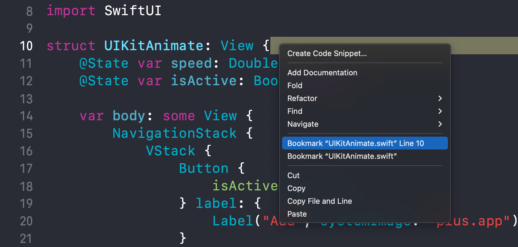 Bookmark on a specific line of code.