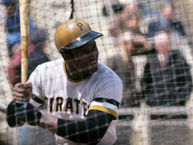 Roberto Clemente of the Pittsburgh Pirates taking batting practice before a game