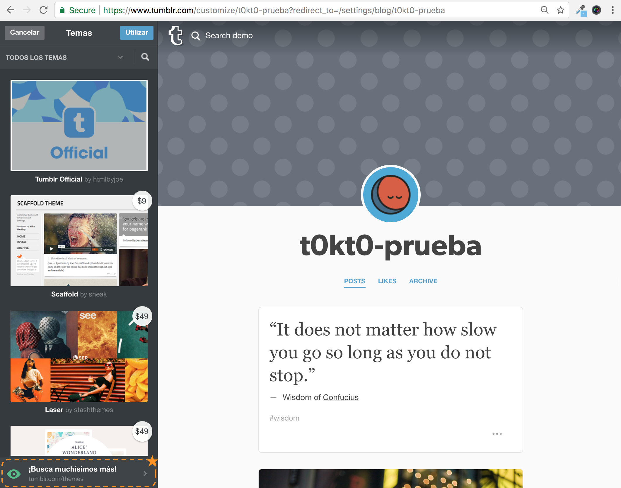 Screenshot of Tumblr configuration
