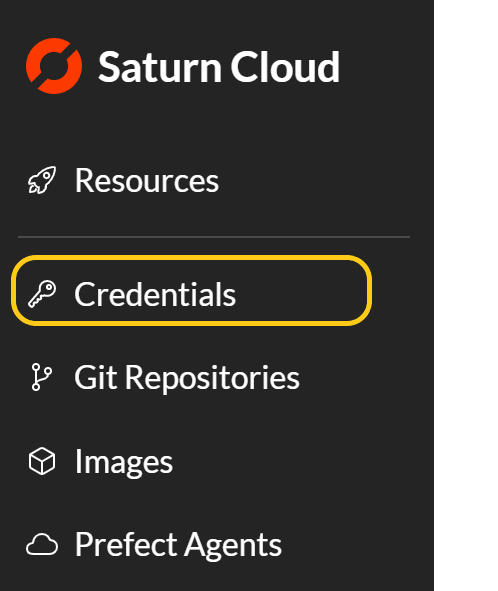 Screenshot of side menu of Saturn Cloud product with Credentials selected