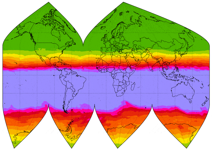 An animating world map with colours changing from top to bottom of green, yellow, red and purple