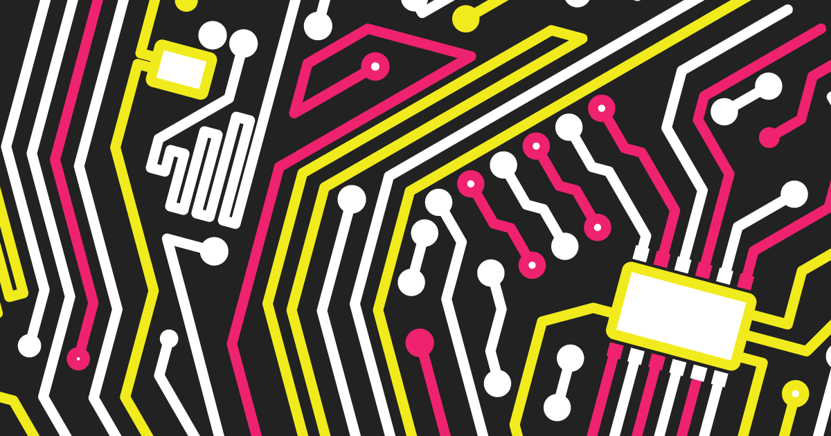 A colorful illustration of a computer chip with various lines and circuits in hot pink, white, and yellow, against a black background