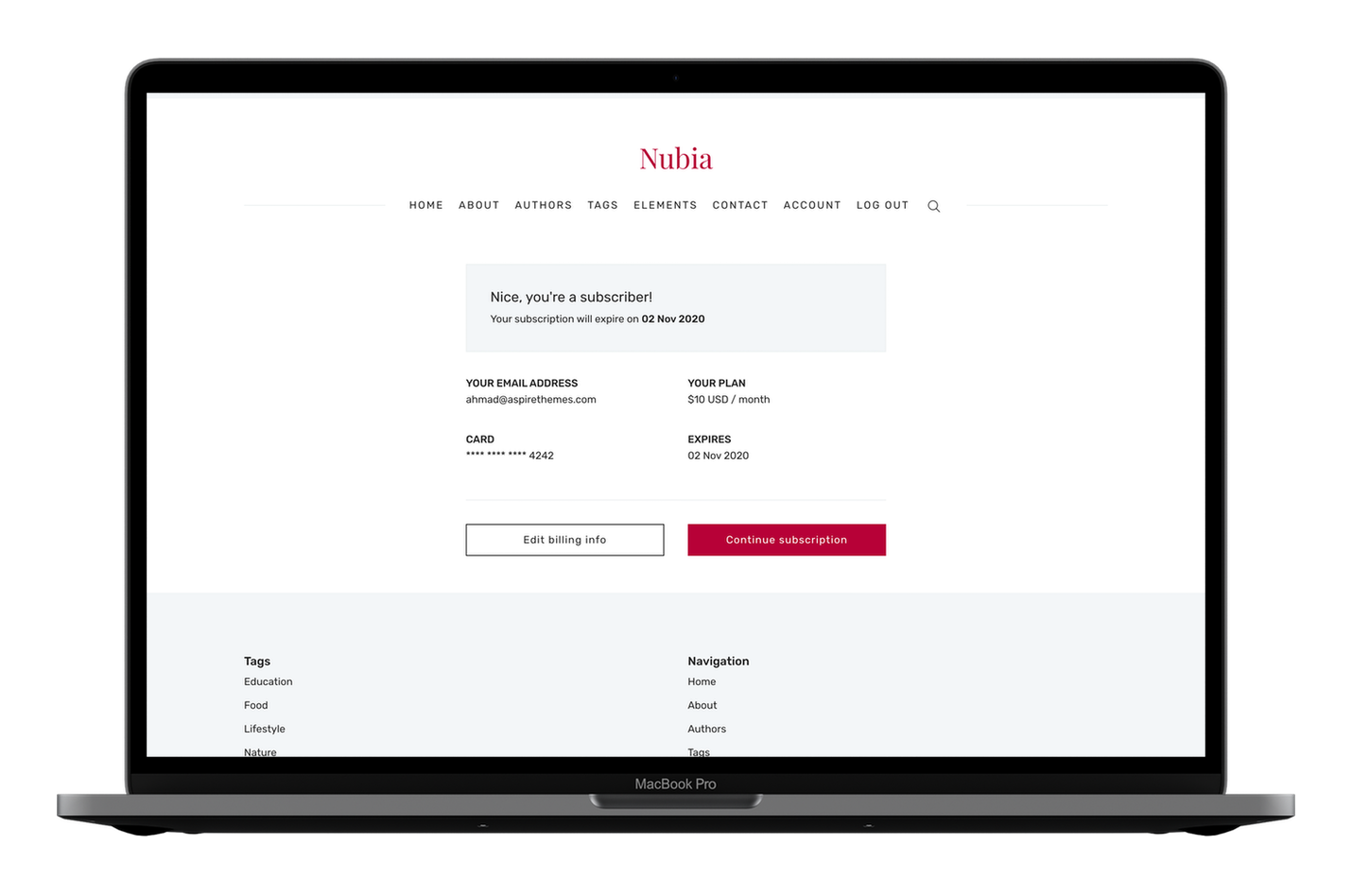 Nubia Ghost CMS Theme Account Page