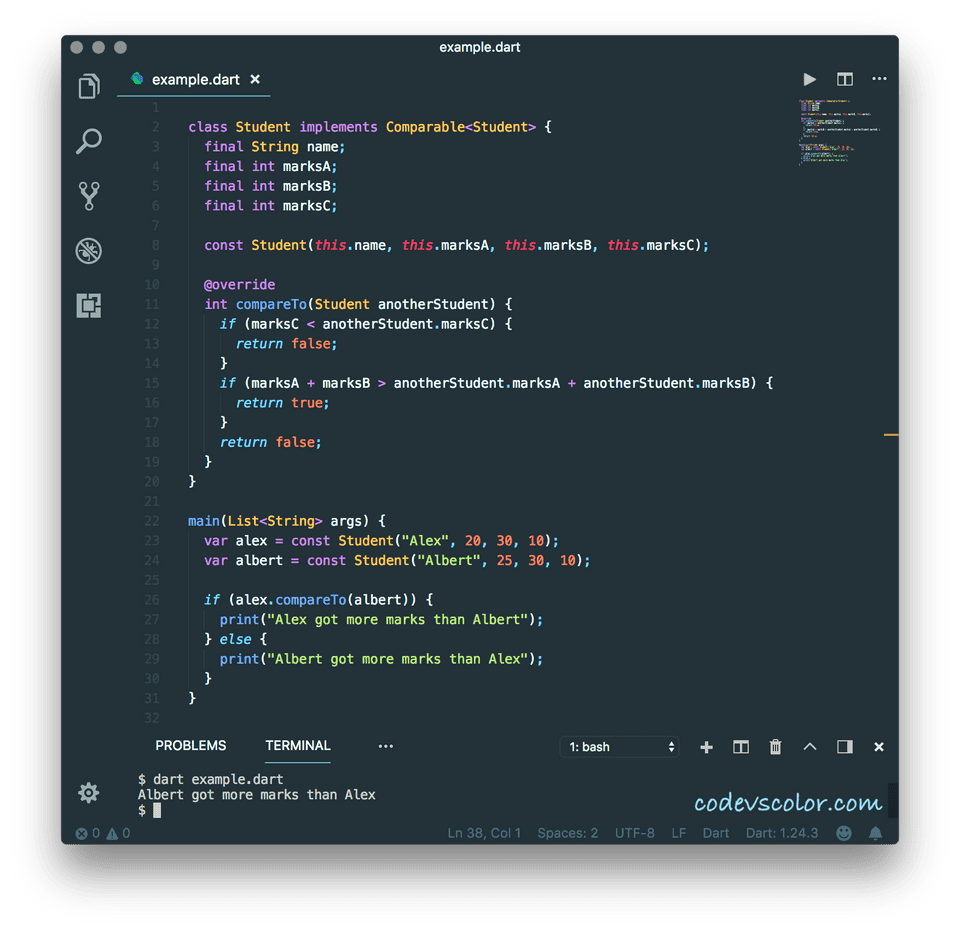 Dart comparable example for comparing objects CodeVsColor