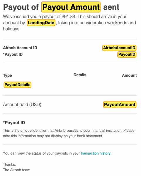 Parseur template to extract financial information from Airbnb payout emails