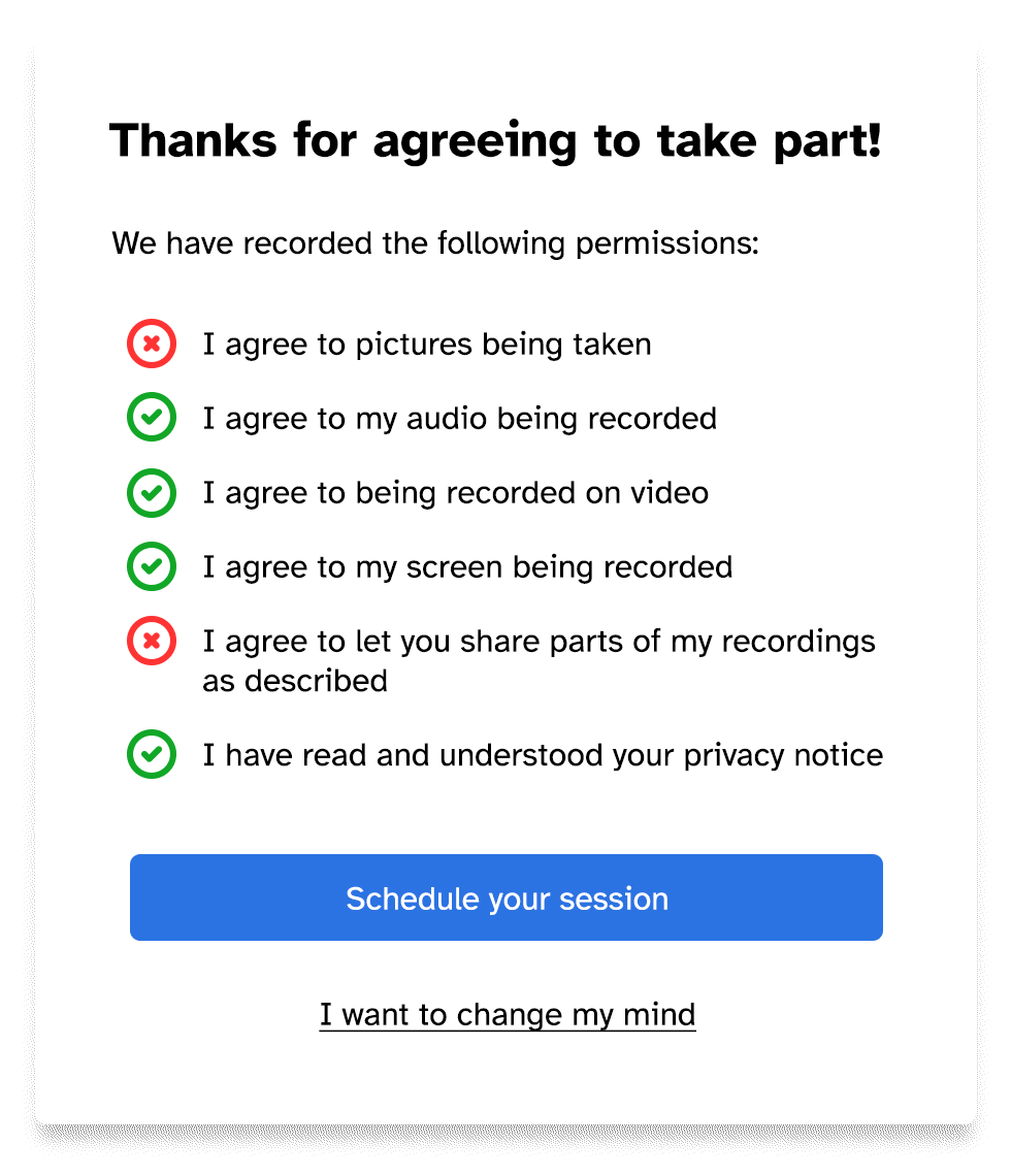 Consent permissions after someone signs, with the option to schedule a session or change their mind