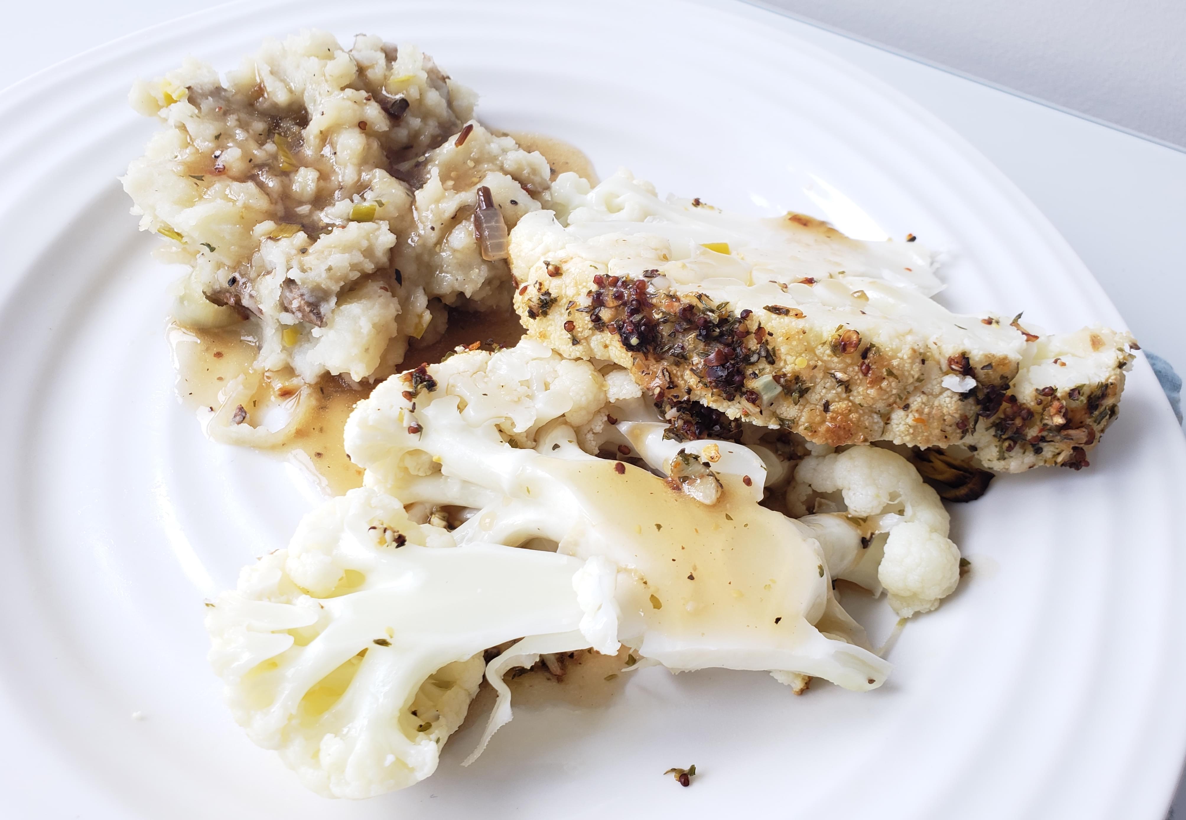 Roasted cauliflower with mashed potatoes and gravy