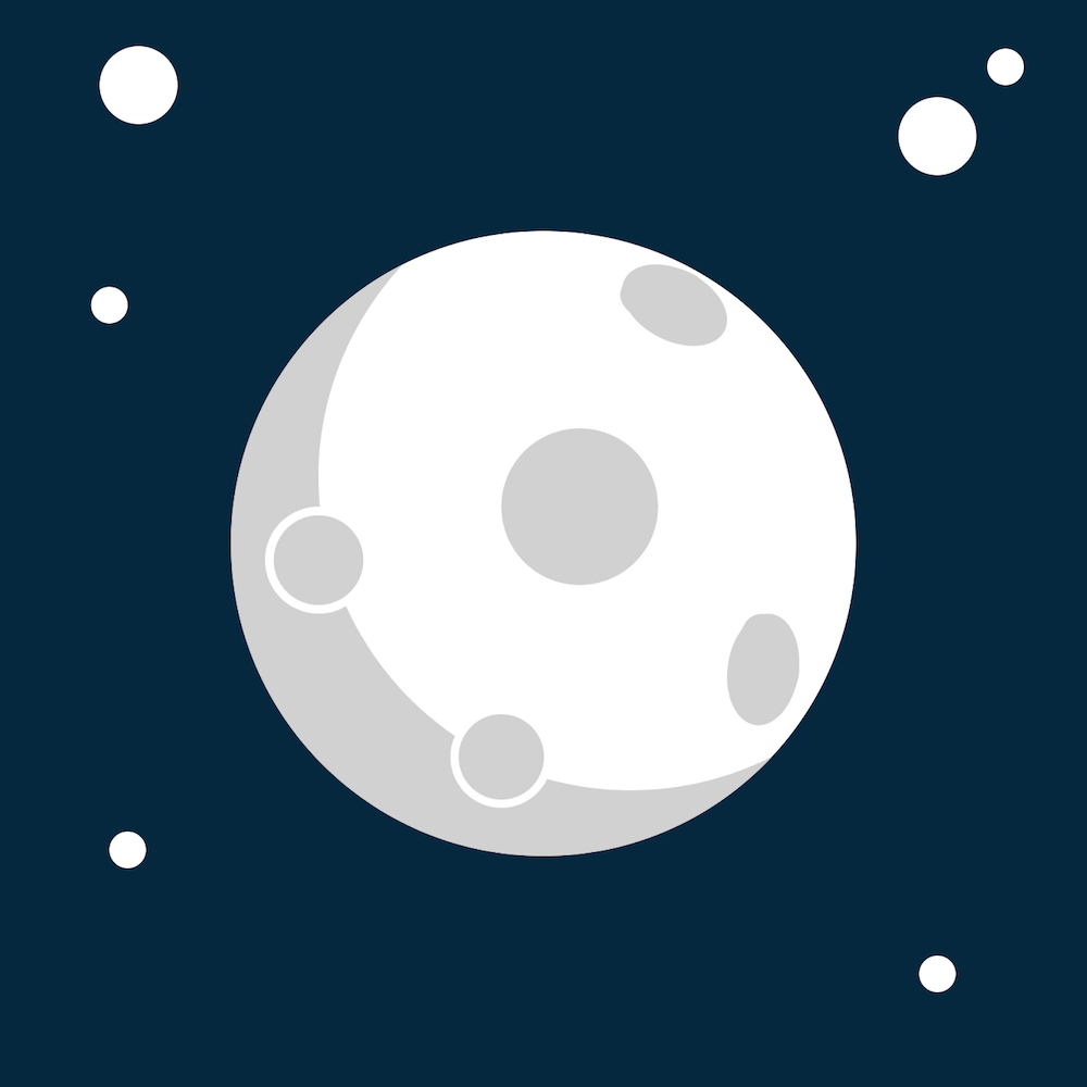 A flat drawing of the moon, with gray circles throughout representing craters, and a gray shadow along the left side. The background is a navy blue color with white circles representing stars.