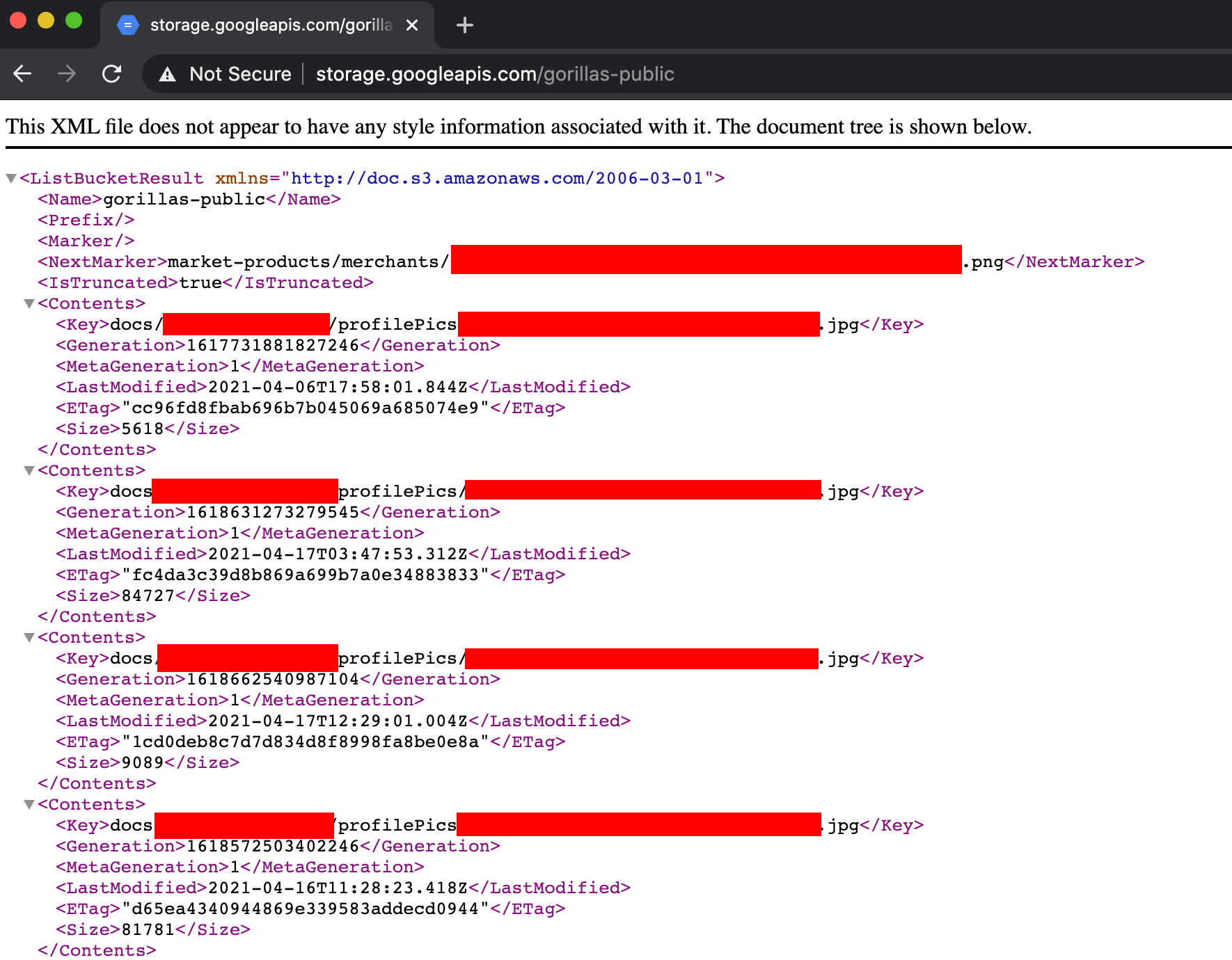 Screenshot der XML-Antwort, welche alle im Bucket enthaltene Dateien auflistet