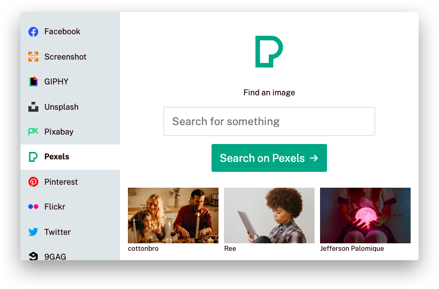 Screenshot of the Pexels service