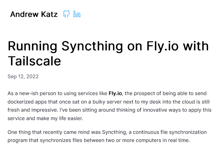 Screenshot of post 'Running Syncthing on Fly.io with Tailscale'