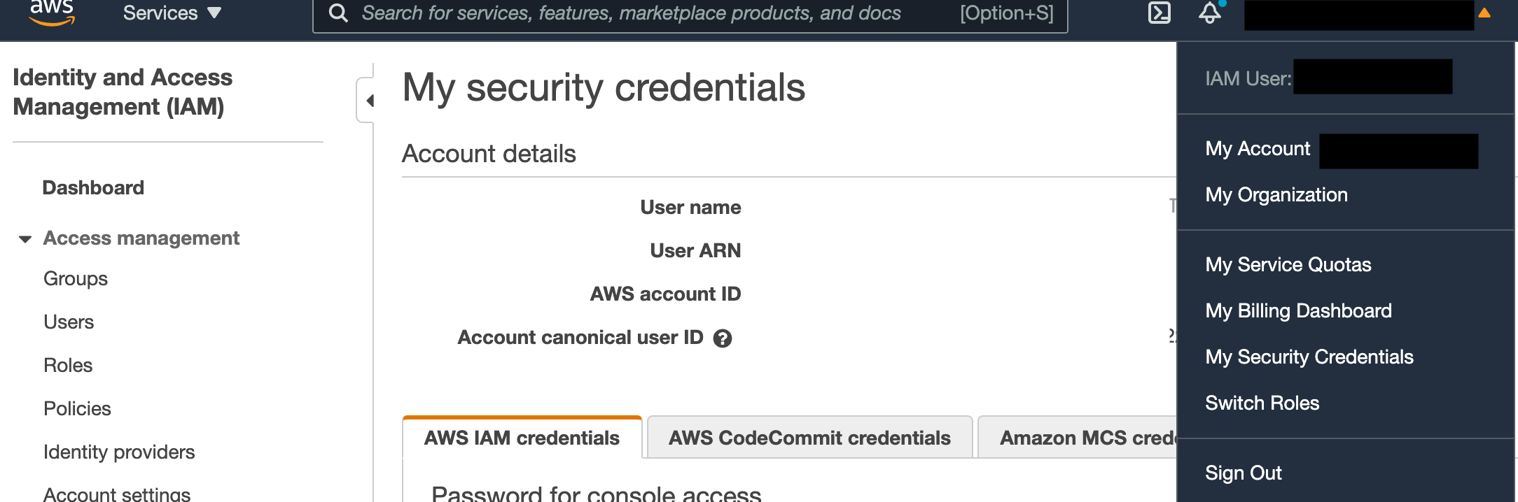 Screenshot of AWS site My Security Credentials page