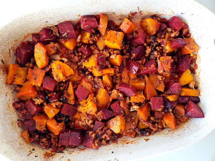Cooked butternut squash and beet casserole