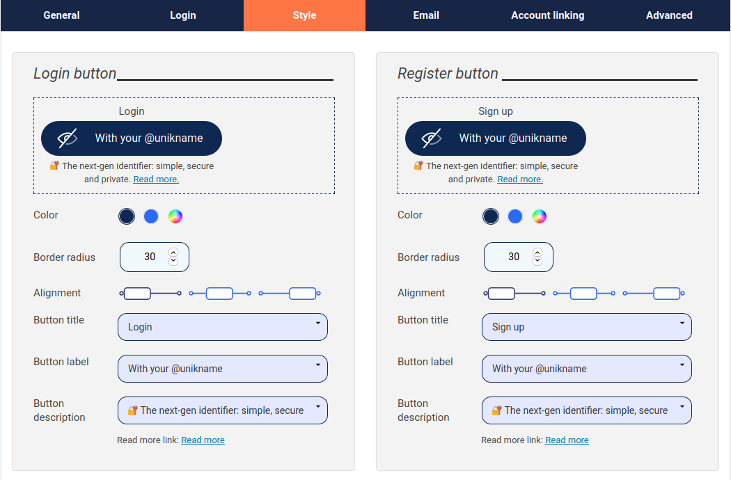 Unikname Connect for WordPress buttons style configuration