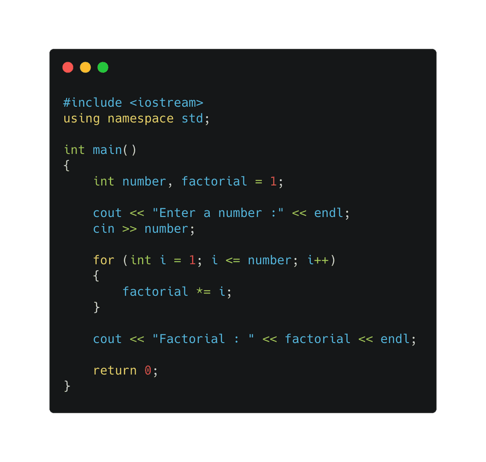 Find the factorial in C++ using a for and while loop - CodeVsColor