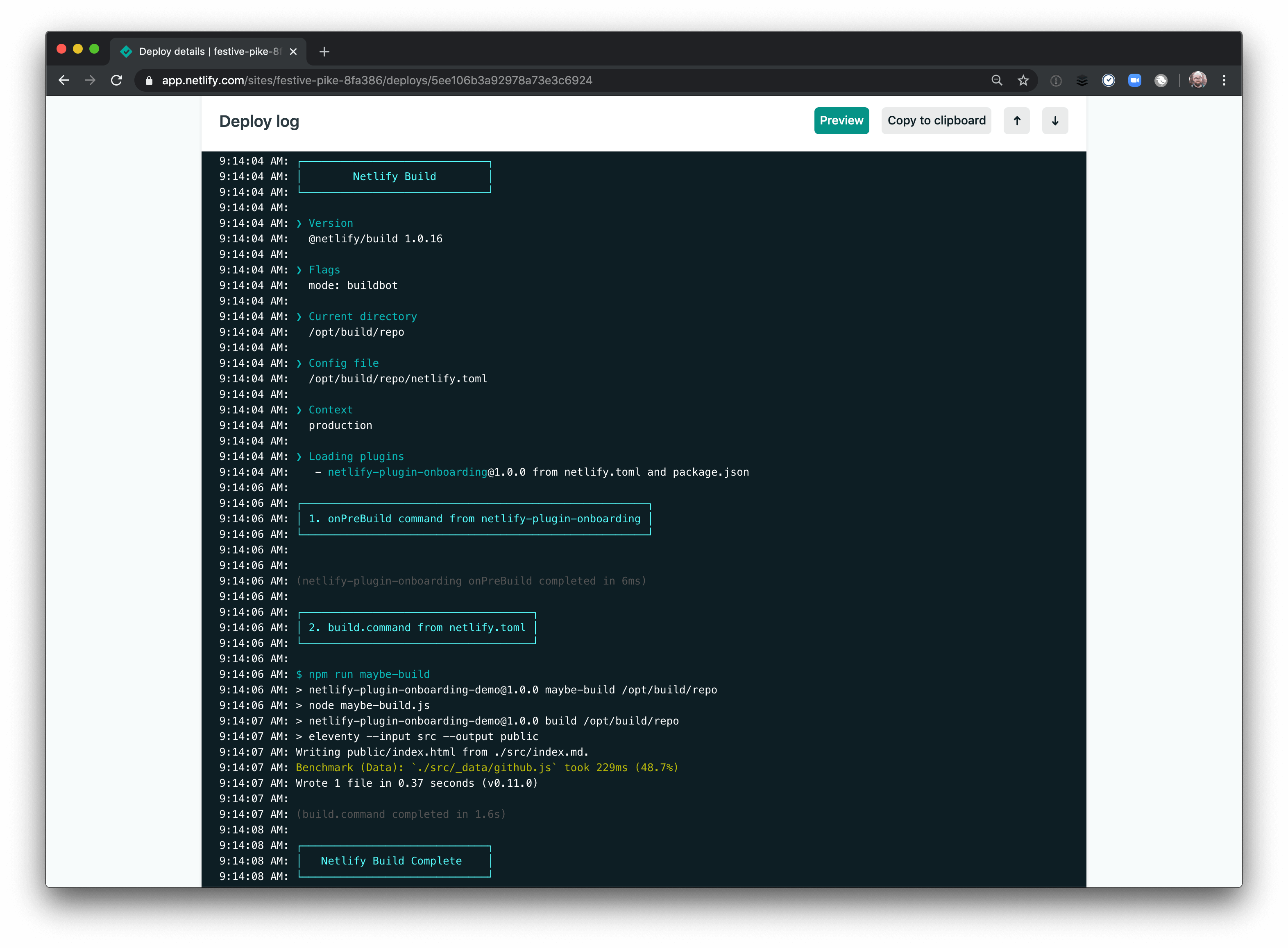 Netlify’s improved build log output.
