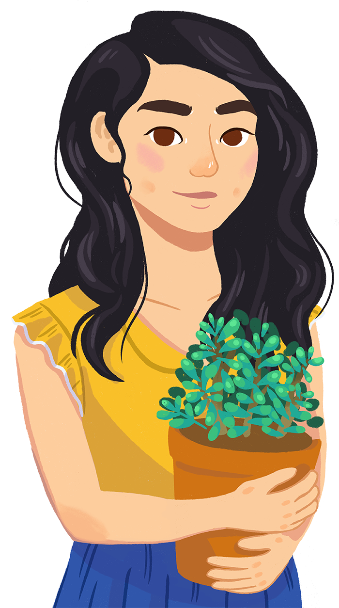 A colored illustration of Joanne holding a potted succulent plant