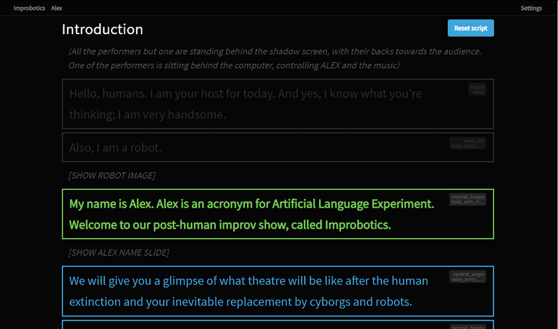 Presenter script screen. Players can easily activate the next line by clicking or pressing space, which will make Alex say the next line and make them change their pose. Presenter script screen. Players can easily activate the next line by clicking or pressing space, which will make Alex say the next line and make them change their pose.